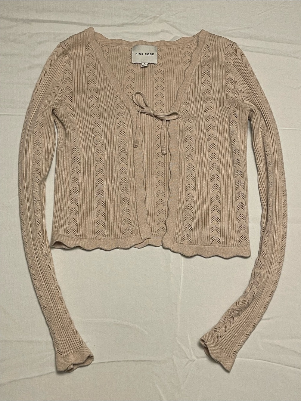 Y2K Dainty Pointelle Open-Knit Tie Front Earth Tone Crop Cardigan Scalloped Hem